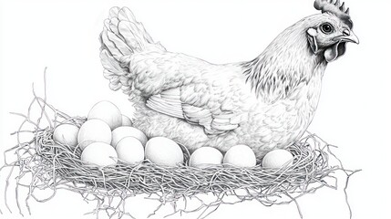 A hen sitting in a nest with eggs, showcasing a serene farm setting with natural elements