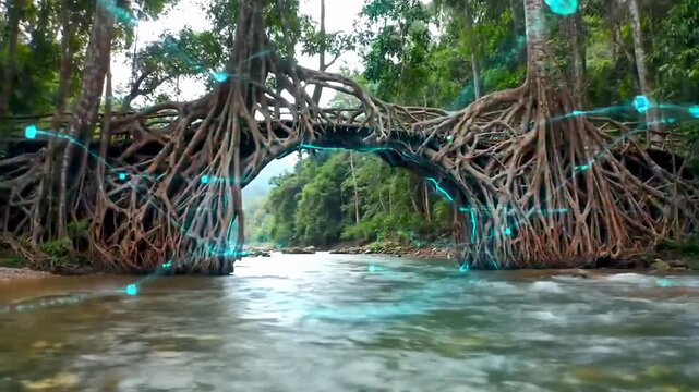 A vibrant, digitally enhanced image of a root bridge spanning a flowing river in a lush rainforest.