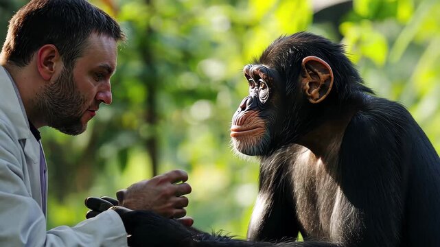 Man in lab coat conducts outdoor examination of chimpanzee in natural environment, Man in lab coat examines chimpanzee outdoors