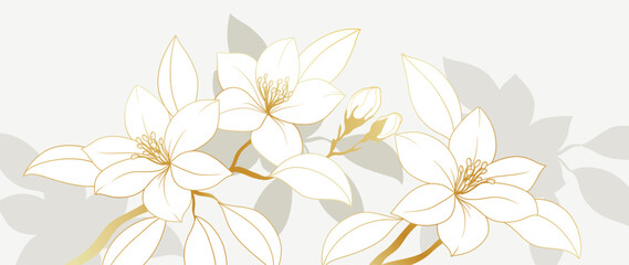 Gold Flower hand drawn on white background vector. Natural botanical elegant flower with gold line art. Luxury illustration for decoration, wall decor, wallpaper, cover, banner, package, card.