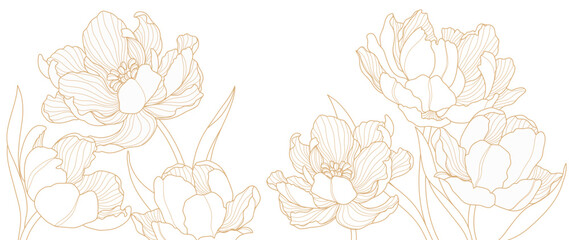 Gold Flower hand drawn on white background vector. Natural botanical elegant tulip flower with gold line art. Luxury illustration for decoration, wall decor, wallpaper, cover, banner, package, card.