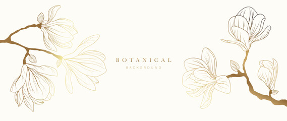 Gold Flower hand drawn on white background vector. Natural botanical elegant magnolia floral with line art. Luxury illustration for decoration, wall decor, wallpaper, cover, banner, package, card.
