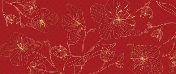 Gold Floral Line Art on Red Background. Luxury Botanical Vector Pattern for Chinese New Year, Wedding Invitation, Packaging, Wall Decor, and Elegant Celebration Design