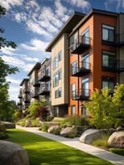 Naklejka premium Modern apartment complex exterior urban setting real estate photography lush landscape daytime contemporary design