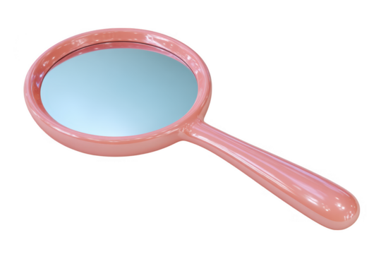 A single pink hand mirror with a reflective surface isolated on transparent background