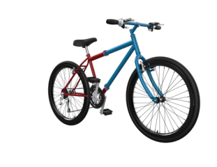 Dynamic 3D Rendered Bicycles: Upright and Inverted Red and Blue Bikes Isolated on Transparent PNG Background for Modern Cycling, Urban Lifestyle and Digital Design Projects.