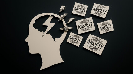 anxiety stress disorder and mental health problem illustrated with head silhouette lightning bolt and multiple anxiety word 