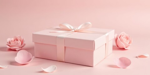 A Delicate Pink Gift Box with a Satin Ribbon and Scattered Rose Petals on a Soft Pink Background
