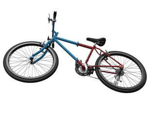 Obraz premium Dynamic 3D Rendered Bicycles: Upright and Inverted Red and Blue Bikes Isolated on Transparent PNG Background for Modern Cycling, Urban Lifestyle and Digital Design Projects.
