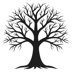 Obraz premium A simple black silhouette of a tree with spreading branches, symbolizing nature, growth, and stability, on a plain white background.