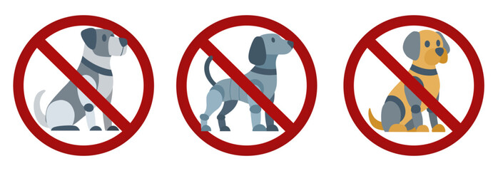 Vector collection of prohibition signs with robots dog various breed. Collection of forbidden stickers with cybernetic puppies. Do not touch or pet robots