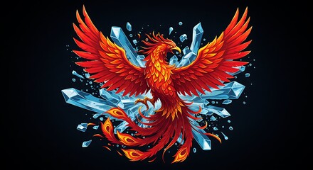 Majestic Handdrawn Phoenix Rising from Crystal Shards Fantasy Illustration Art