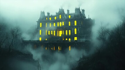 Fog-shrouded mansion, dimly lit windows, ominous atmosphere