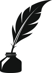 Quill Pen in Ink Bottle Silhouette Vector Art