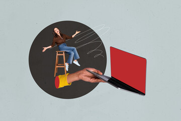 Composite 3d art pop image collage of happy businessman businesswoman stand laptop device...