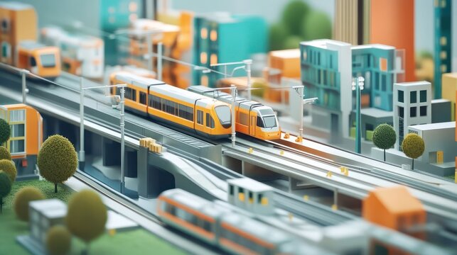 Detailed Miniature Urban Transit System: A Vision of Streamlined City Transportation with Modern Trains and Architectural Model Elements Representing Efficient Infrastructure