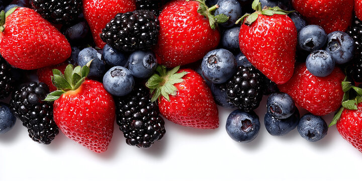 Verschiedene frische Beeren mit Erdbeeren, Blaubeeren und Brombeeren, Draufsicht isoliert auf wei&szlig;em Hintergrund