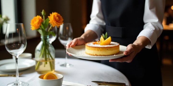A server presents a delectable citrus dessert on a pristine white plate, enhancing a refined dining experience