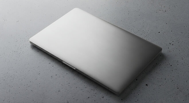 A closed silver laptop rests on a textured concrete surface - Powered by Adobe