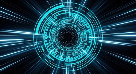 Abstract futuristic digital tunnel with glowing cyan geometric patterns and light streaks on a dark background