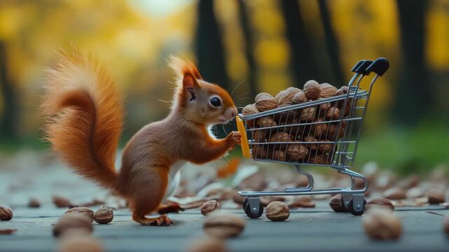 Adorable red squirrel shopping for nuts with a cart.