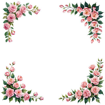 Pink Flowers Floral border and frames. Illustration in oil painting style. Graphical resources for making artistic craft, junk journals and printed material 