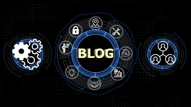 Animated Blog Concept with Futuristic Interface and Icons Illustrating Key Aspects of Online