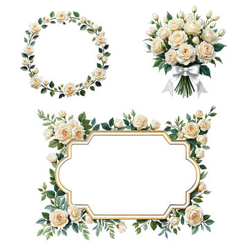White Flowers Floral border and frames. Illustration in oil painting style. Graphical resources for making artistic craft, junk journals and printed material 