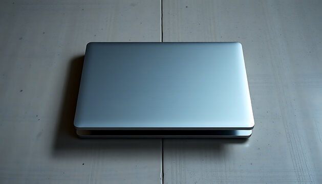 A closed silver laptop rests on a lightcolored wooden surface, presented cleanly