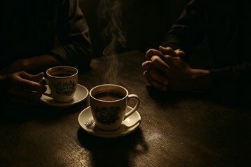Steaming Coffee Conversation: Two People Sharing Warm Drinks in a Cozy, Intimate Setting with Dim Lighting