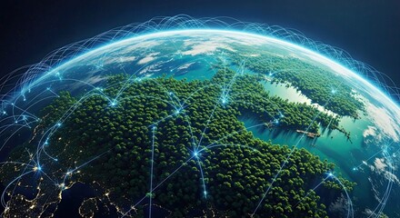 Obraz premium Digital Planet Connected by Glowing Virtual Network Lines