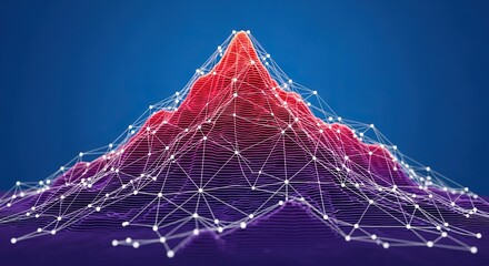 Abstract network graph overlaying a vibrant red and purple topographic landscape against a deep blue background