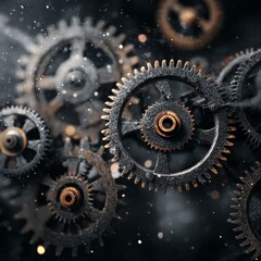 Intricate Arrangement of Vintage Gears in a Dimly Lit Environment