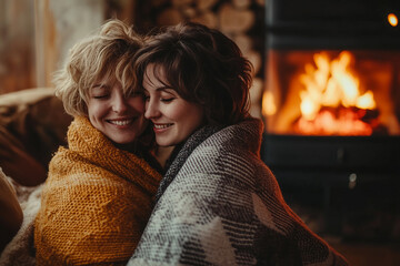 Loving Couple Relaxing by Cozy Fireplace Wrapped in Warm Blankets on a Chilly Evening, Generative AI