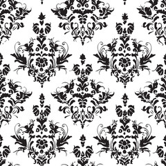 Seamless black and white floral pattern with vintage ornate leaves and swirls for decorative backgrounds and borders