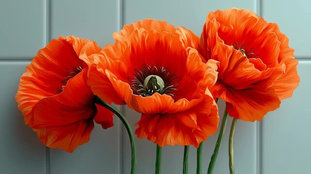 Vibrant orange poppy flowers arranged elegantly against a soft blue background, showcasing delicate petals and intricate details, creating a stunning visual display of nature's beauty and color contra