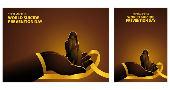 World Suicide Prevention Day Illustration. Supportive hands holding sad woman with yellow ribbon.