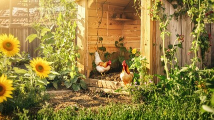 Chickens leaving coop in lush green garden at sunrise