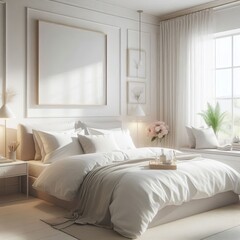 Setting Bright minimalist bedroom clean linens perhaps a window