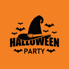 Witch hat and text with bats on orange background. Color stylized illustration. Vector graphics.