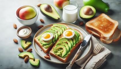Healthy breakfast with avocado toast Trendy nutritious start to