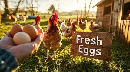 Farmer holding fresh eggs with chickens in sunlight
