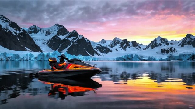 A small boat in the foreground of a serene landscape with mountains and ice formations in the background, reflecting in the water, with a sunset or sunrise in the sky.