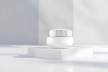 Fototapeta premium Luminous Skincare Product: A minimalist aesthetic presents a skincare jar, elegantly displayed atop a modern pedestal.