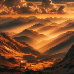 High altitude landscape transformed by golden light