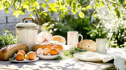 Delicious breakfast with eggs and bread served on table in blooming summer garden