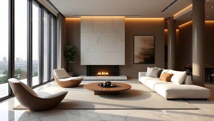 A luxurious and spacious living room with designer furniture, marble floors, and panoramic windows in a modern, minimalistic style.