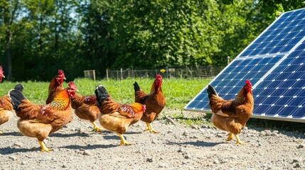 Free range chickens walking near solar panel in sustainable farm