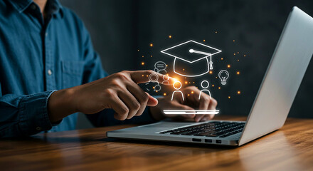 Online education learning course study from home with laptop and graduation cap concept design idea