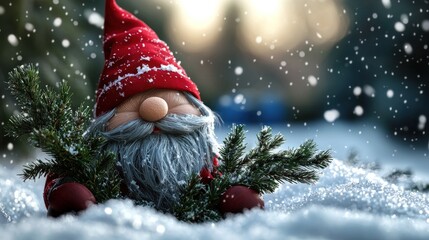 A festive gnome figure resting in snow, surrounded by pine branches, with a blurred winter background